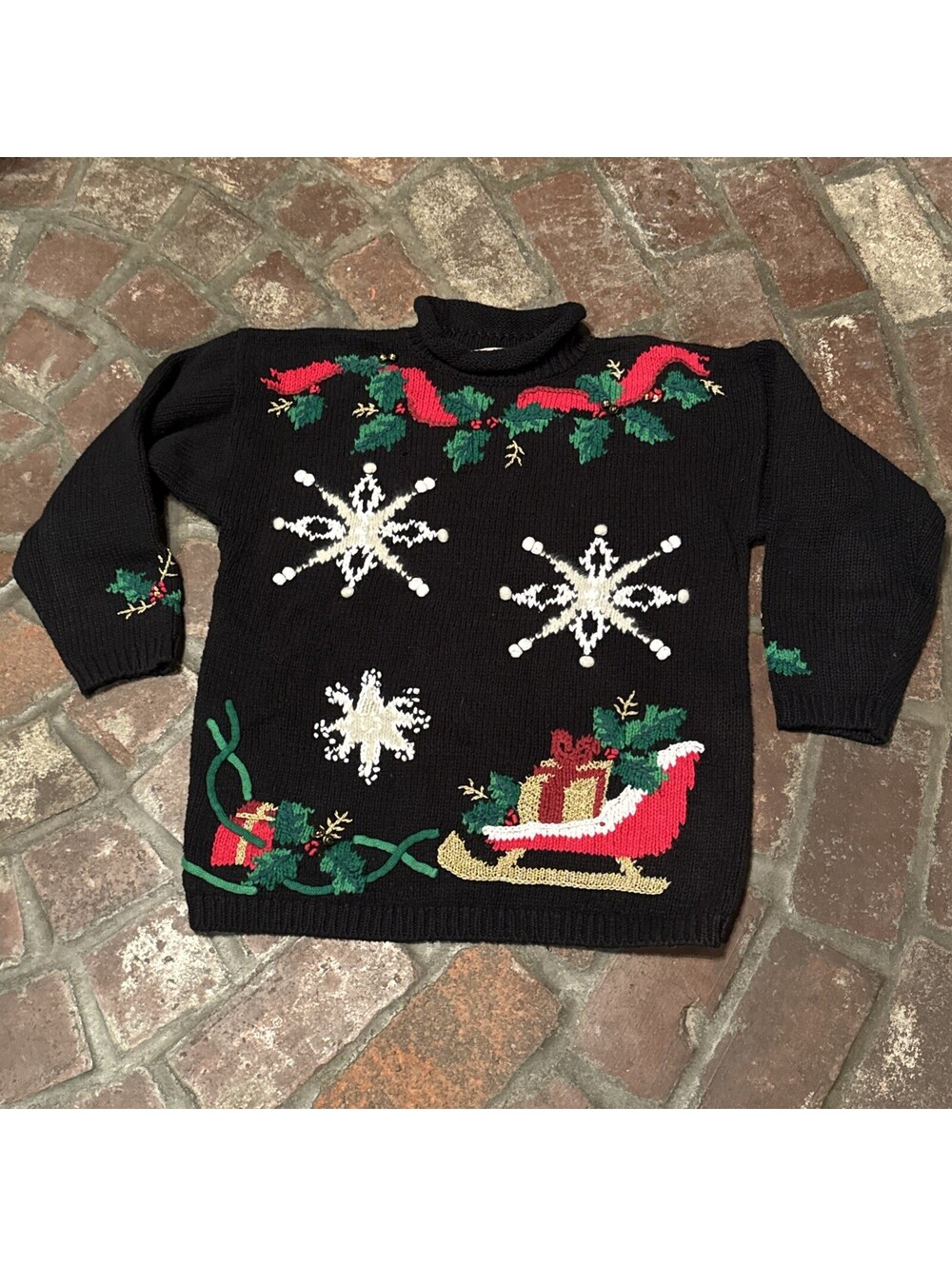 Lauren Hansen Hand Knitted Holiday Sweater Bells Snowflakes Sleigh Design Size M